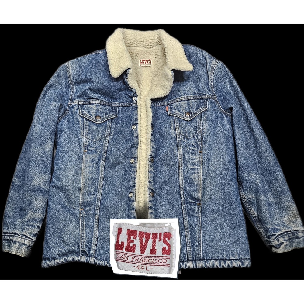 Vtg Levi's 80s Made In‎ USA 44L Fleece Sherpa Lined Denim Jacket Cowboy Western
